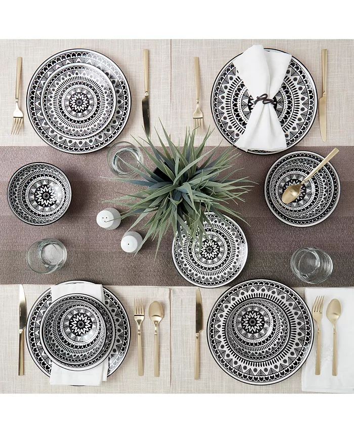 Tabletops Unlimited TTU Gallery 12-Pc  Black Pad Print Dinnerware Set Service for 4