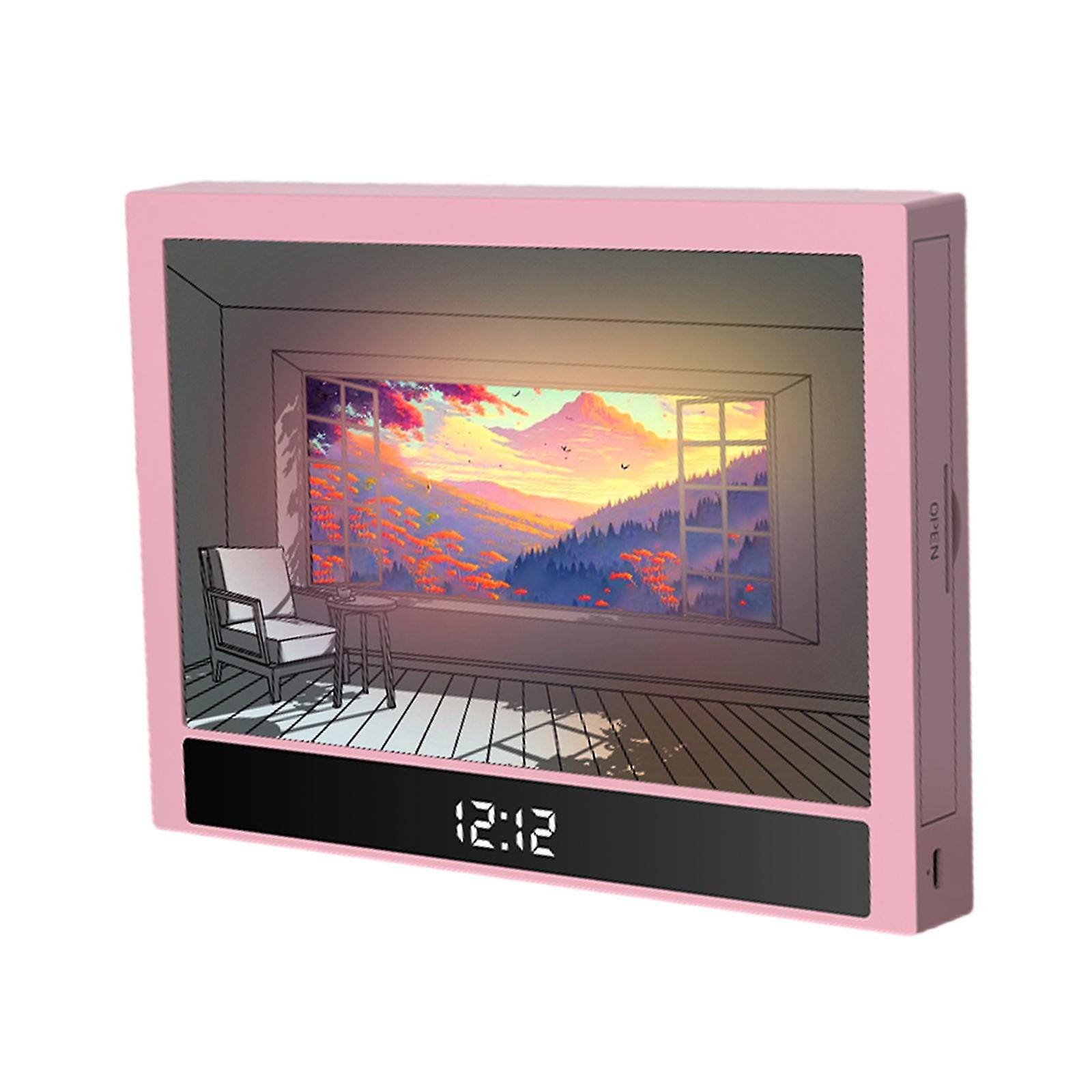 Lighting Painting Decoration With Clock Painting Light For Party Office Home Pink Frame Mountain