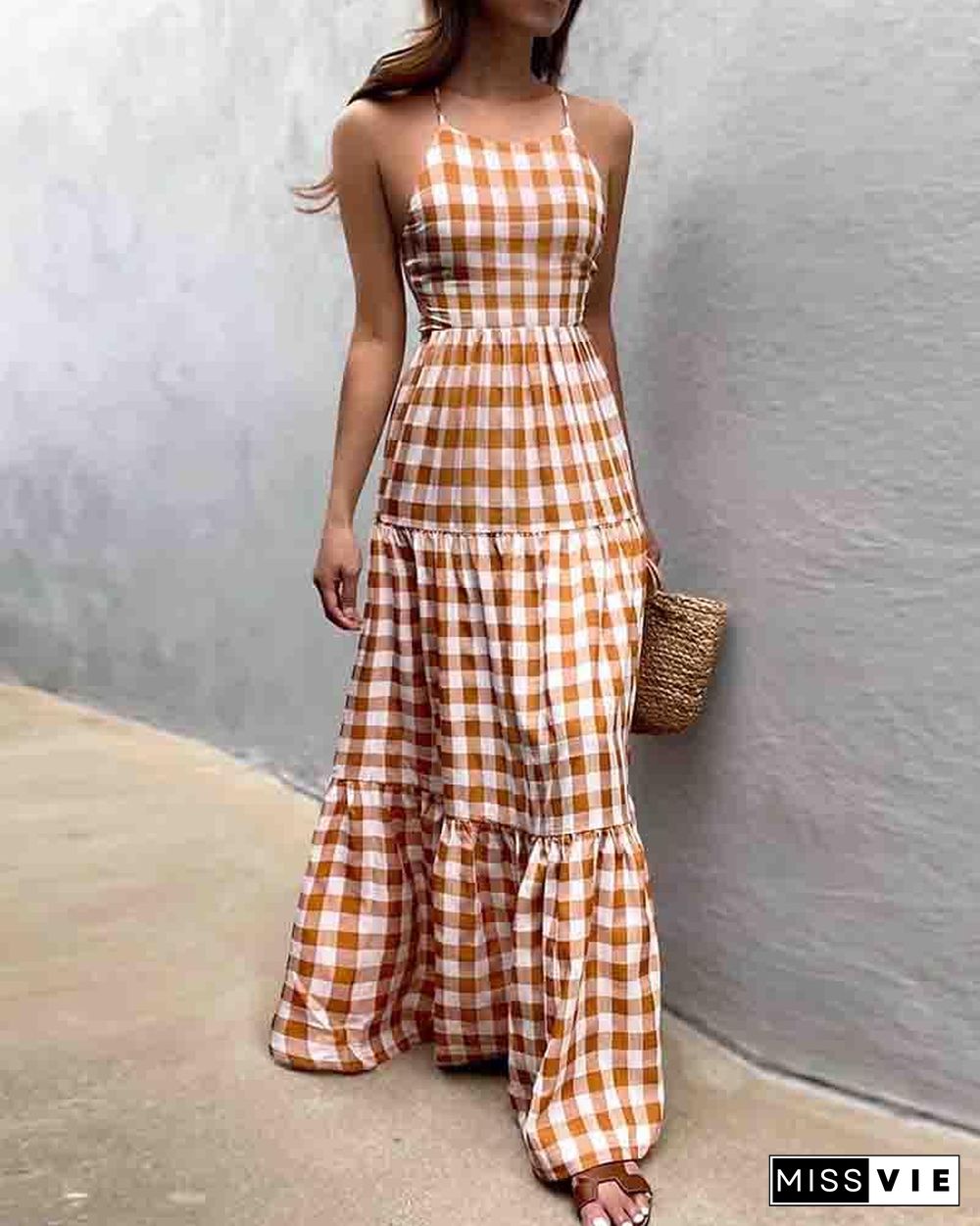 Plaid Lace-up Backless Halter Sleeveless Maxi Dress P13921