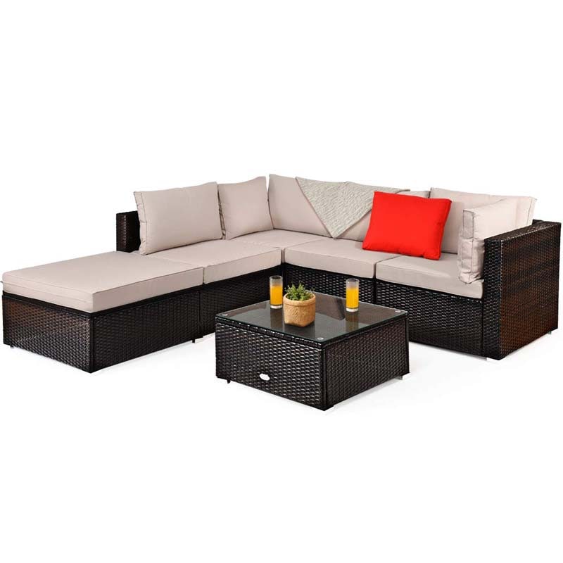 6 Pcs Outdoor Rattan Sectional Sofa Set with Coffee Table & Removable Seat & Back Cushions