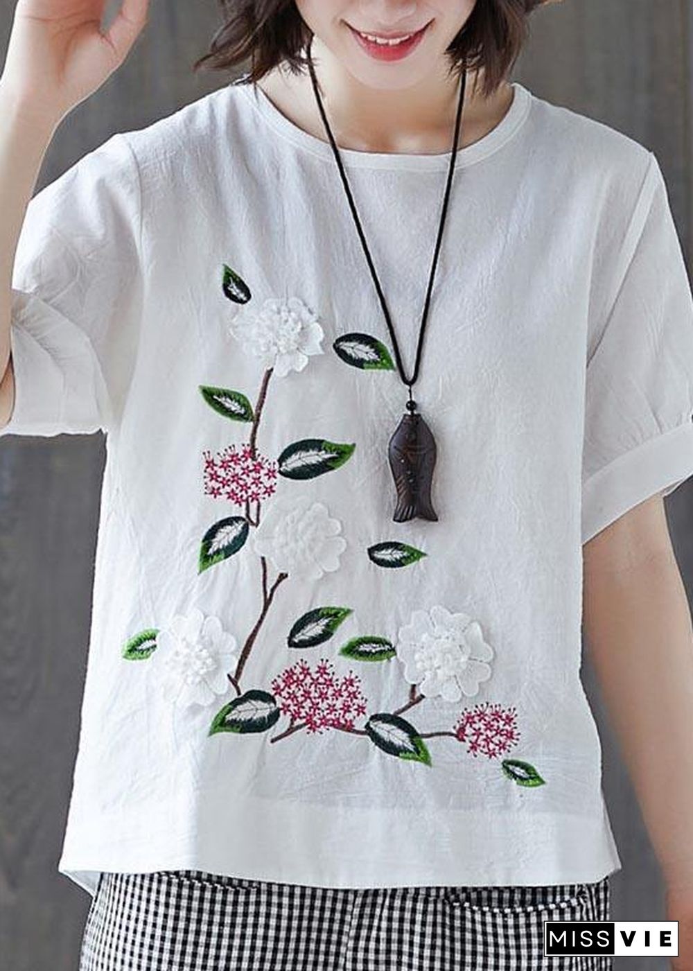 Loose White Embroideried Floral Cotton Linen Tees Summer