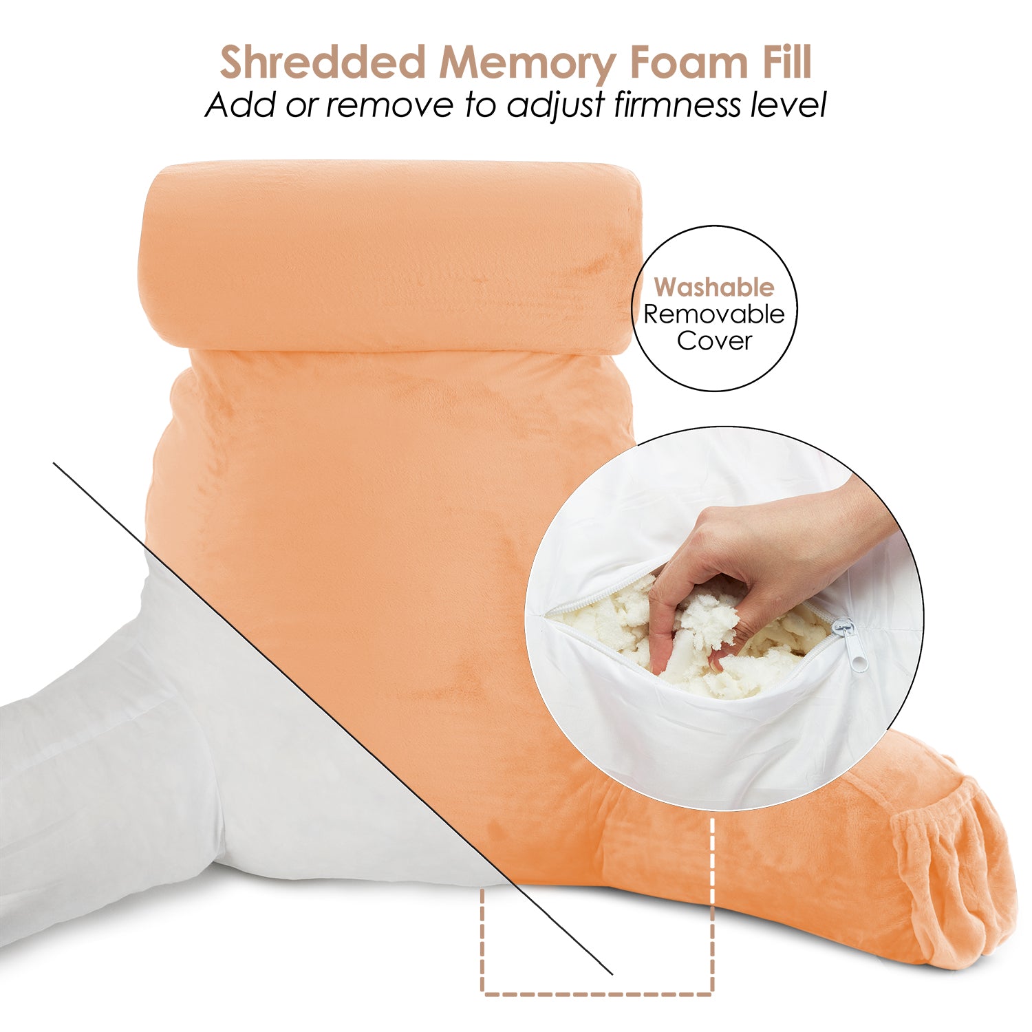 Nestl Reading Pillow, Extra Large Bed Rest Pillow with Arms – Premium Shredded Memory Foam TV Pillow, Detachable Neck Roll & Lumbar Support Pillow - Apricot Buff Orange