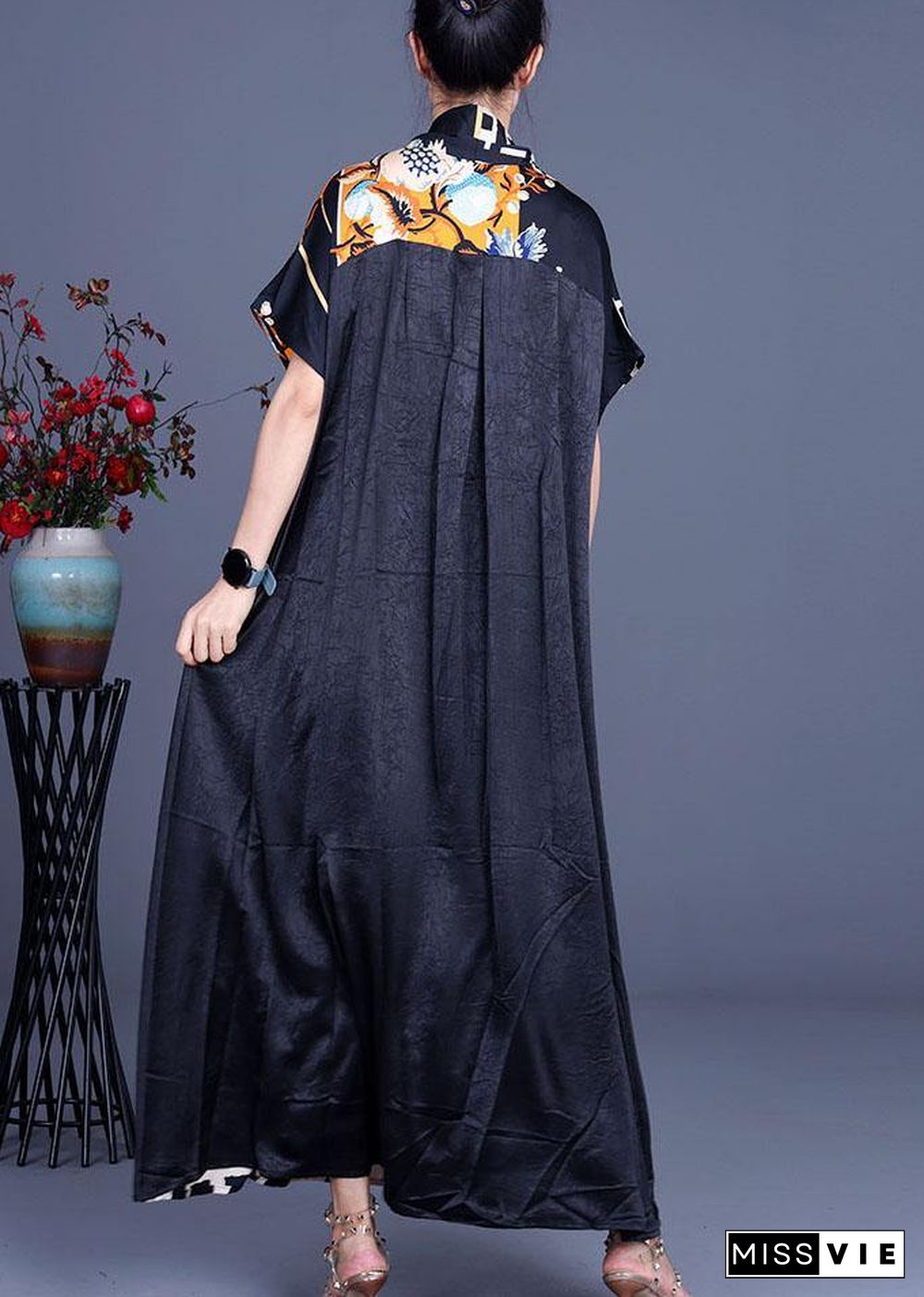 Comfy Black Print Patchwork Silk Robe Dresses Summer