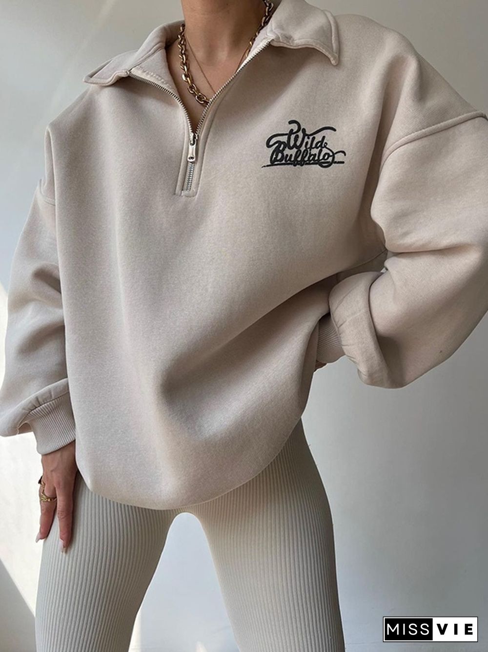 Letter Print Half Zip Sweatshirt