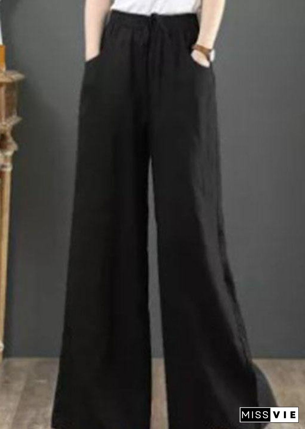 Women Solid Color Elastic Waist Drawstring Wide Leg Pants With Pocket