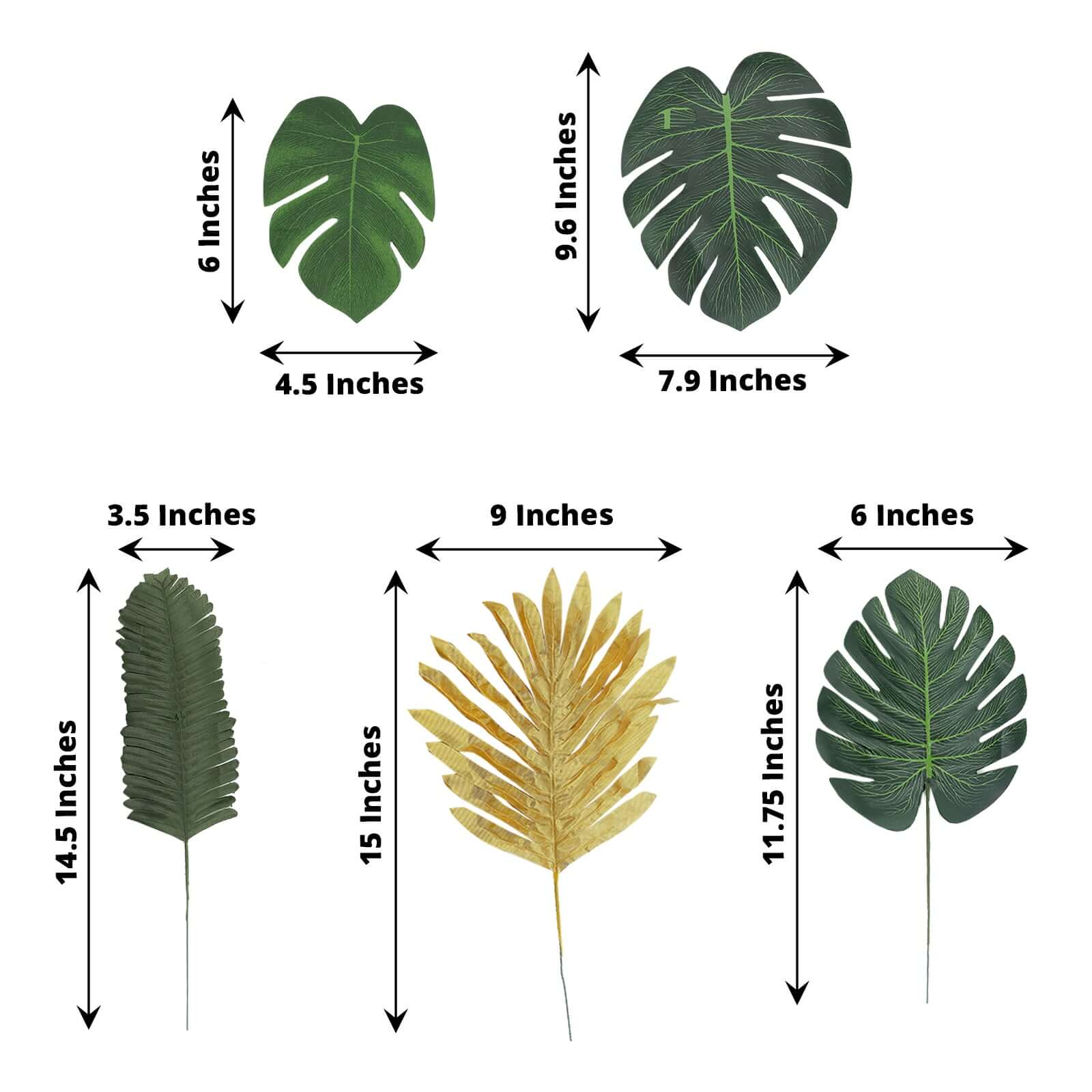 28 Pack Green And Gold Artificial Jungle Theme Palm Leaves, Assorted Silk Tropical Monstera Branches