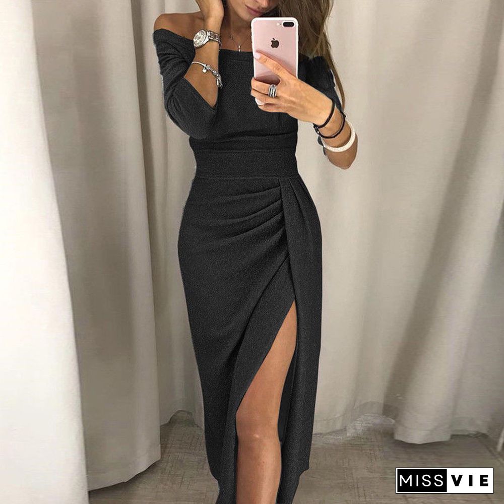 Formal Dress Women Elegant Long Sleeve Evening Party Dress New Solid Off Shoulder Women Dresses Sexy Club Dresses Roupa Feminina