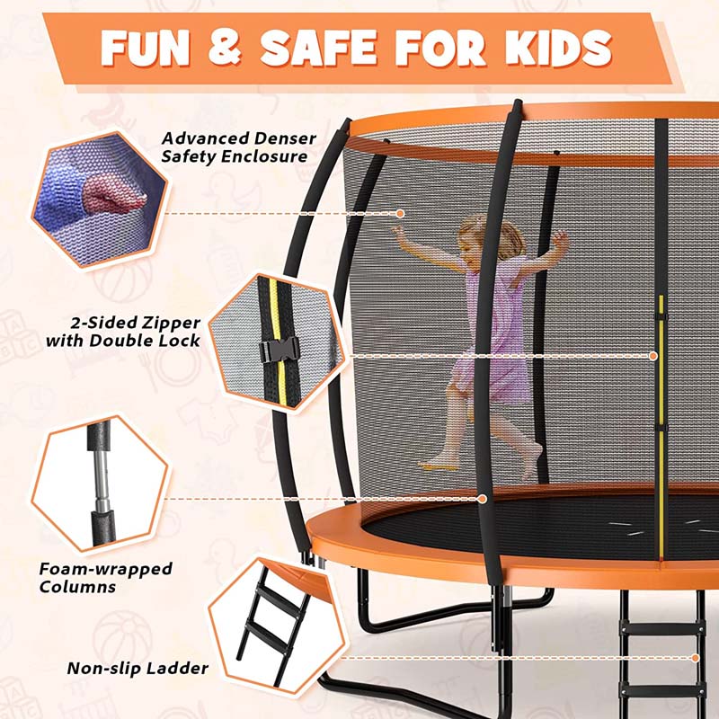 8/10/12FT ASTM Approved Outdoor Large Recreational Trampoline with Ladder & Enclosure Net Safety Pad