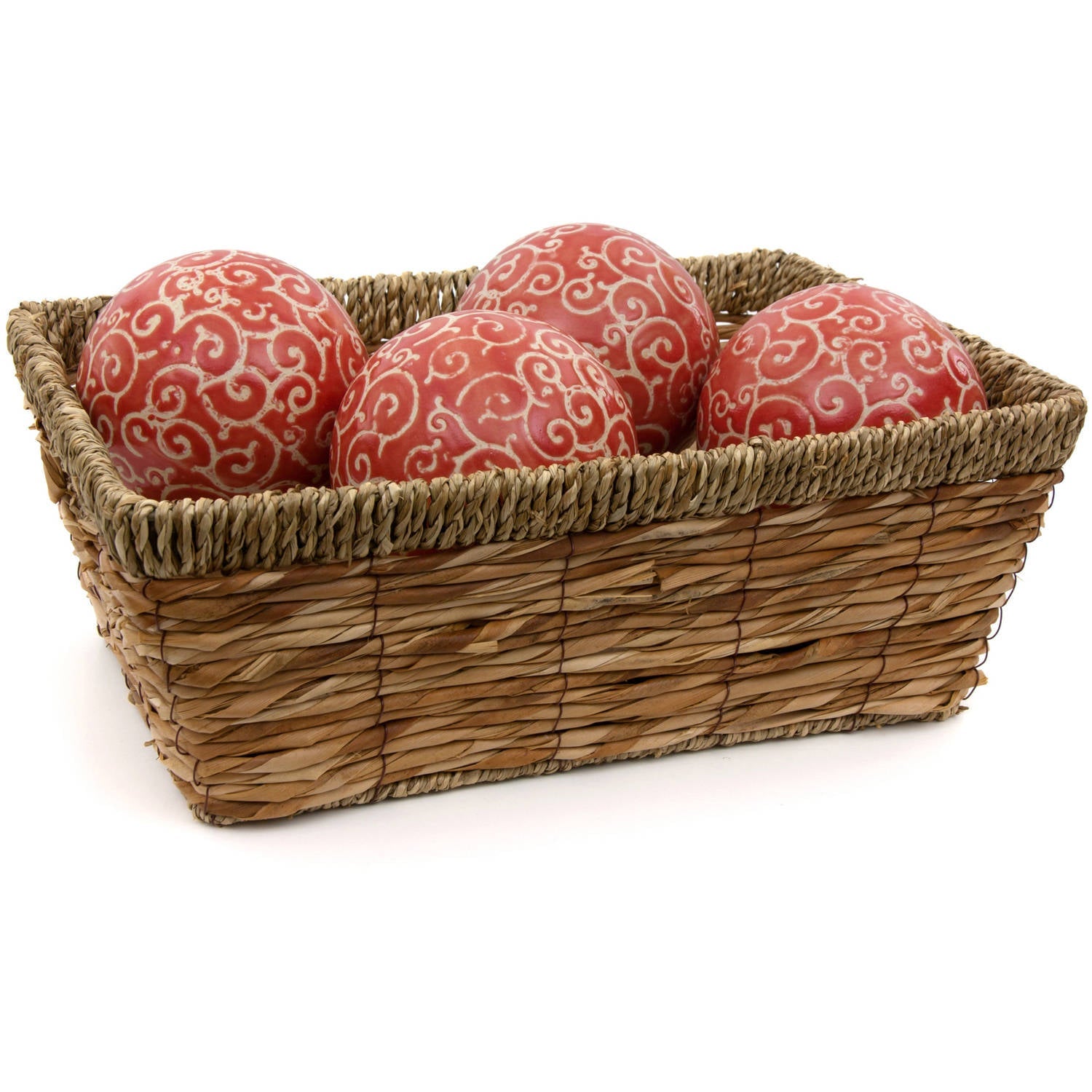 Oriental Furniture 4" Red and Beige Vines Porcelain Ball Set, Decorative item, Center piece, living room item