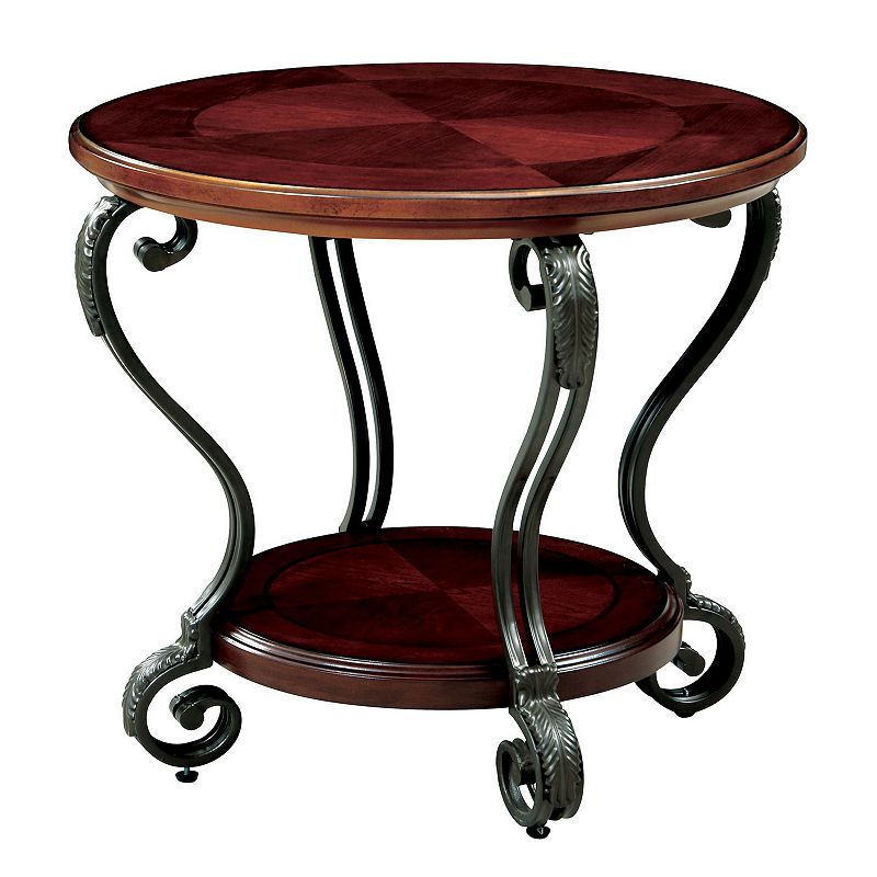 Round Wood and Metal End Table with Scroll Details， Brown