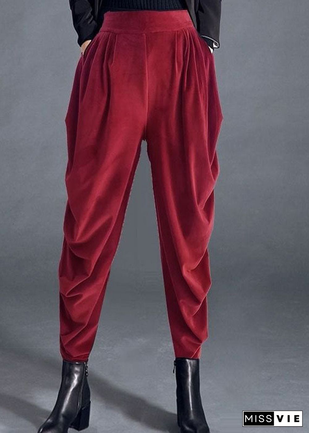 Plus Size Red High Waist Pockets Casual Jogging Fall Pants