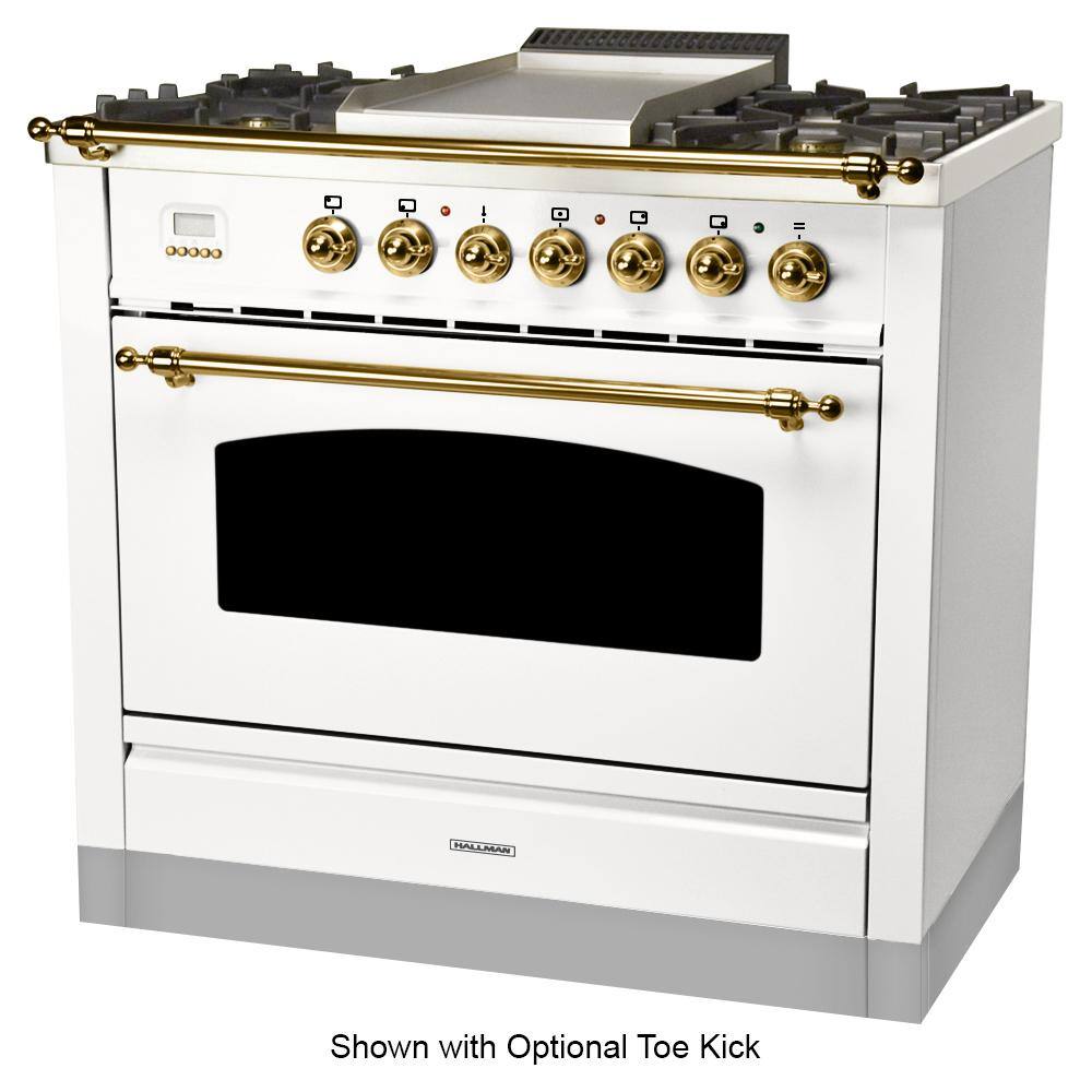 Hallman 36 in. 3.55 cu. ft. Single Oven Dual Fuel Italian Range True Convection 5 Burners Griddle LP Gas Brass Trim in White HDFR36BSWTLP