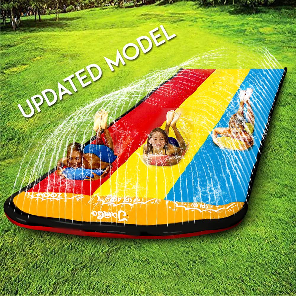 Jambo Triple Lane Slip, Splash and Slide (Newest Model) for Backyards| Water Slide Waterslide with 3 Boogie Boards | 16, Foot 3 Sliding Racing Lanes with Sprinklers | Durable PVC Construction