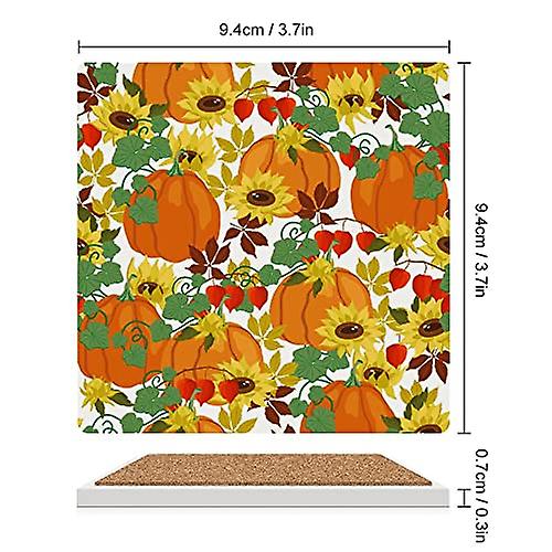 Colourlife Square Drink Coasters 1 Pcs Autumn Sunflowers Pumpkins Absorbent Ceramic Coffee Coasters For Drinks With Cork Base Housewarming Gift For Ho