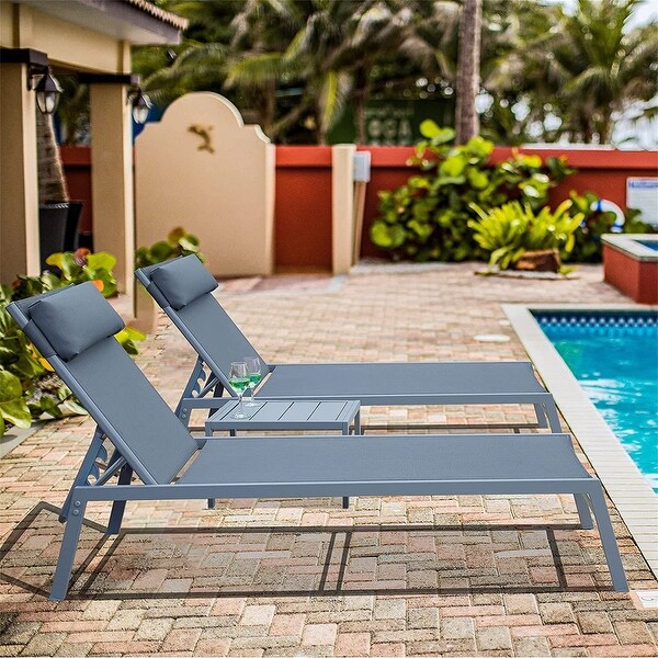 3-Piece Outdoor Chaise Lounge Adjustable Back with Table and Headrest - N/A - Overstock - 37952818