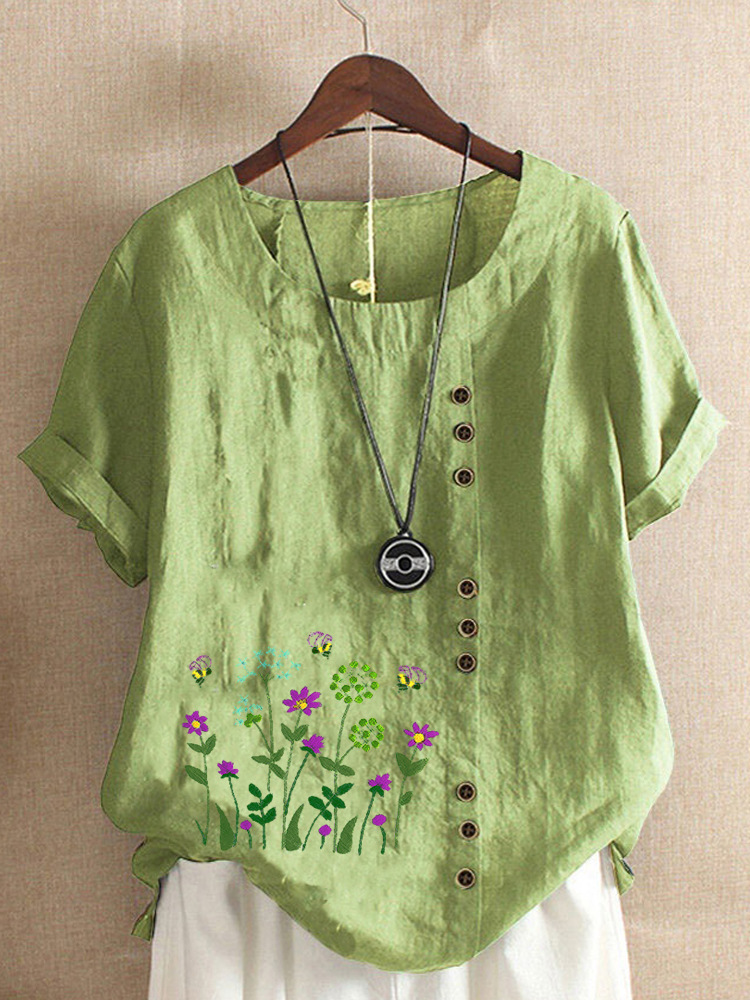 Round Neck Casual Loose Floral Print Short Sleeve Blouse