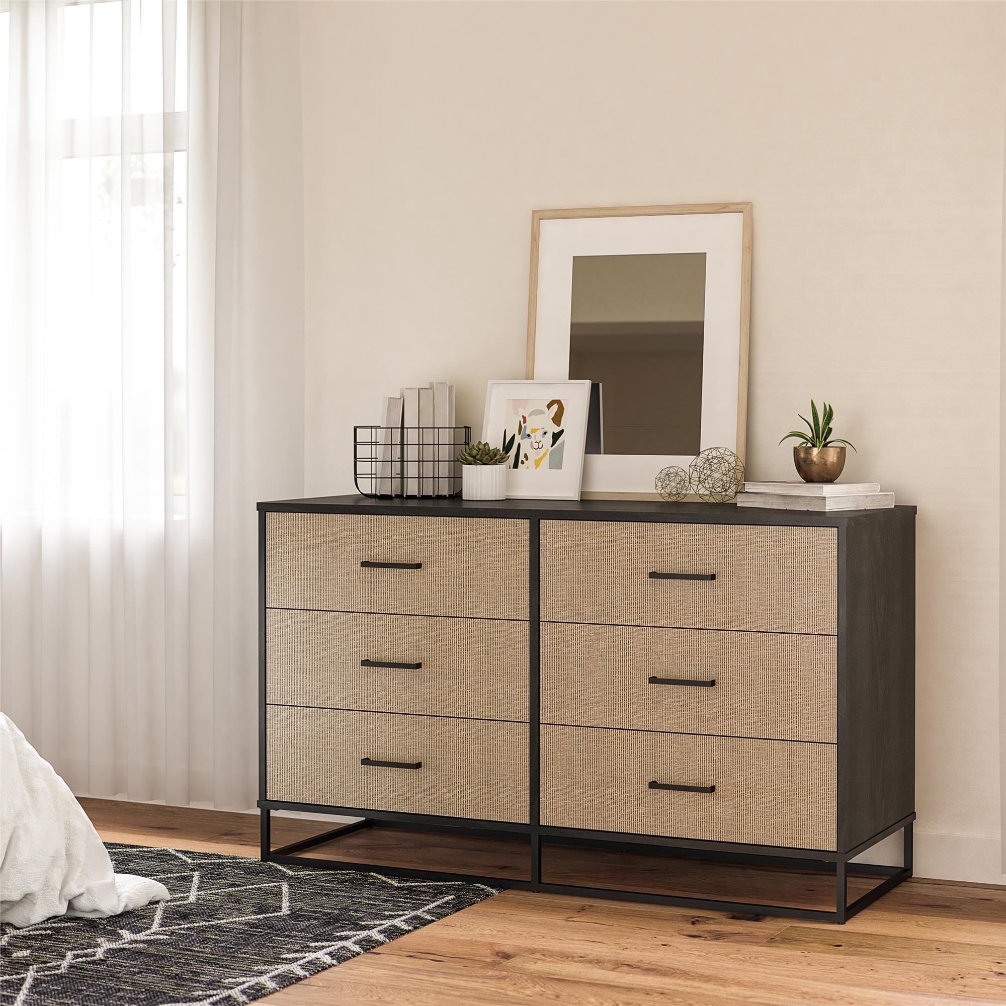 Novogratz Kelly 6 Drawer Dresser, Faux Rattan & Black Oak