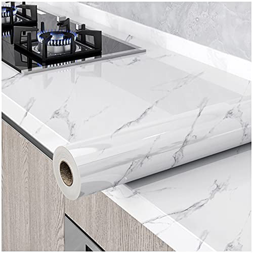 Glossy Marble Paper,Grey/White Contact Wallpaper for Cabinets,Waterproof Marble Vinyl Wrap,Self Adhesive Removable Wallpaper for Kitchen Cabinet Furniture,23.6″ ×197″