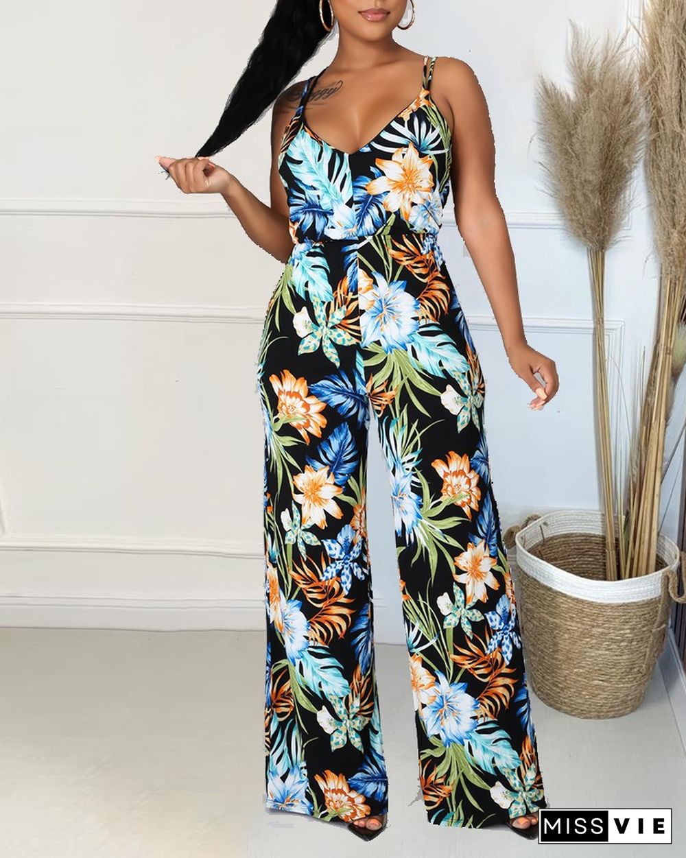 Floral Print Criss Cross Back Cami Jumpsuit