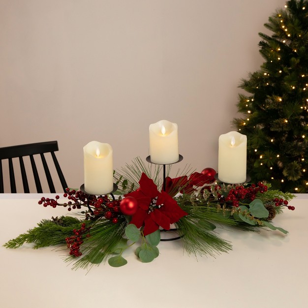 Triple Candle Holder With Red Berry And Poinsettia Christmas Decor