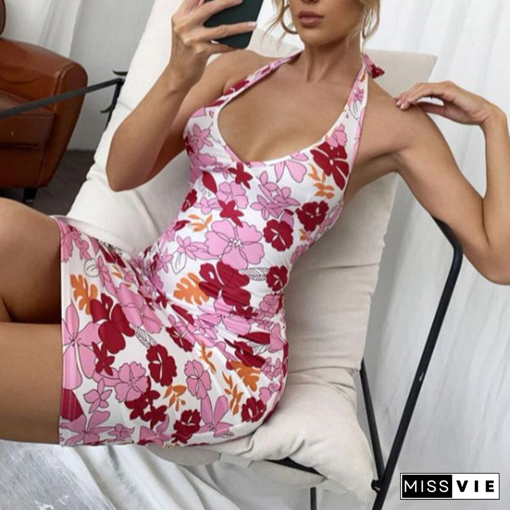 Hibiscus Garden Peony Flowers Hawaiian Floral Print V Halter Neck Bodycon Dress