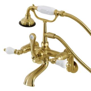 Kingston Brass Aqua Vintage 3-Handle Wall-Mount Clawfoot Tub Faucets with Hand Shower in Brushed Brass HAE55T7