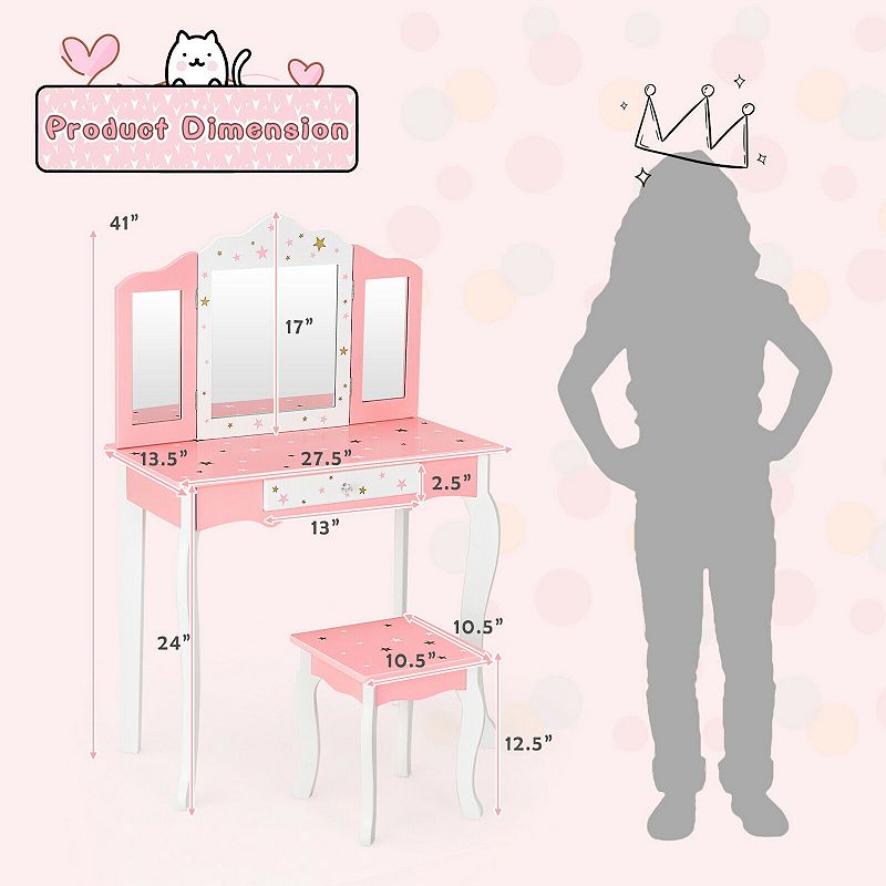 Kids Princess Vanity Table and Stool Set with Tri-folding Mirror and Drawer