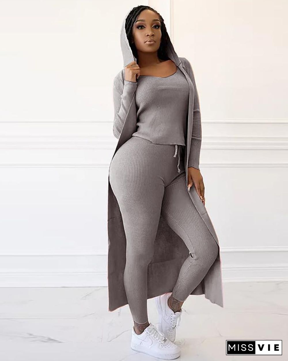 Plain Ribbed Top & Hooded Longline Coat & Drawstring Pants Set