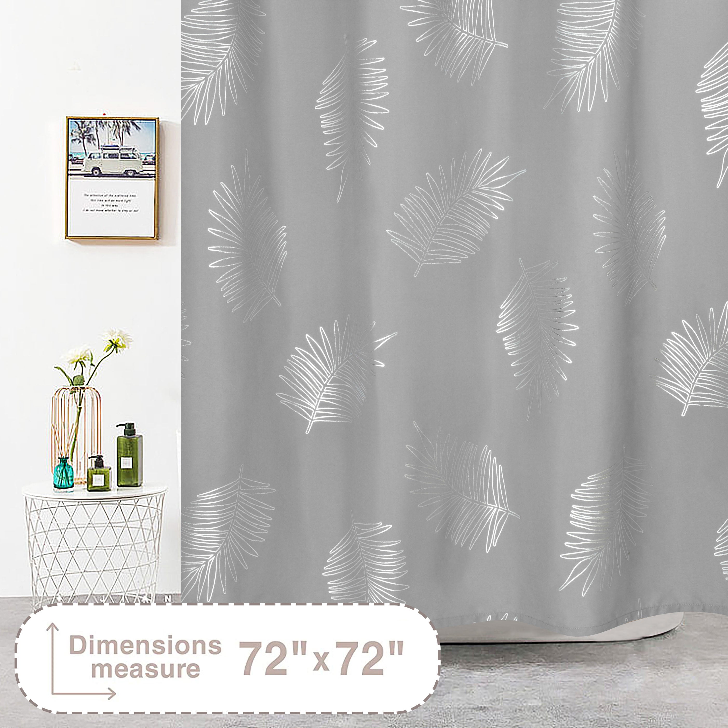 HIG Glitterr Foil Palm Tree Leaf Printed Shower Curtain, Modern Tropical Fabric Shower Curtains for Bathroom Decor, Decorative Shiny Bath Curtain, 72