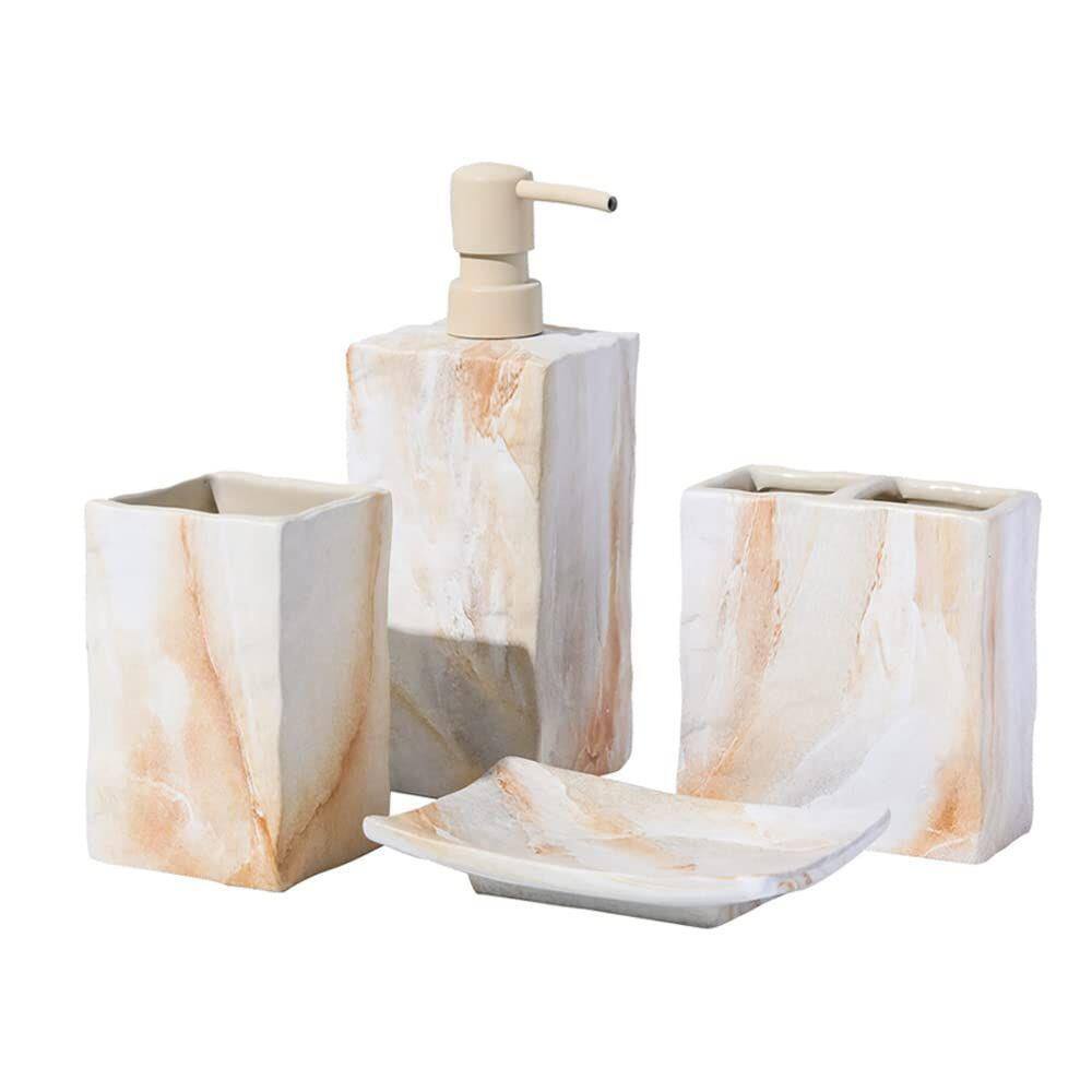 Dracelo 4-Piece Bathroom Accessory Set with Soap Dispenser Tumbler Soap Tray Toothbrush Holder in Marble Beige B09785PR79