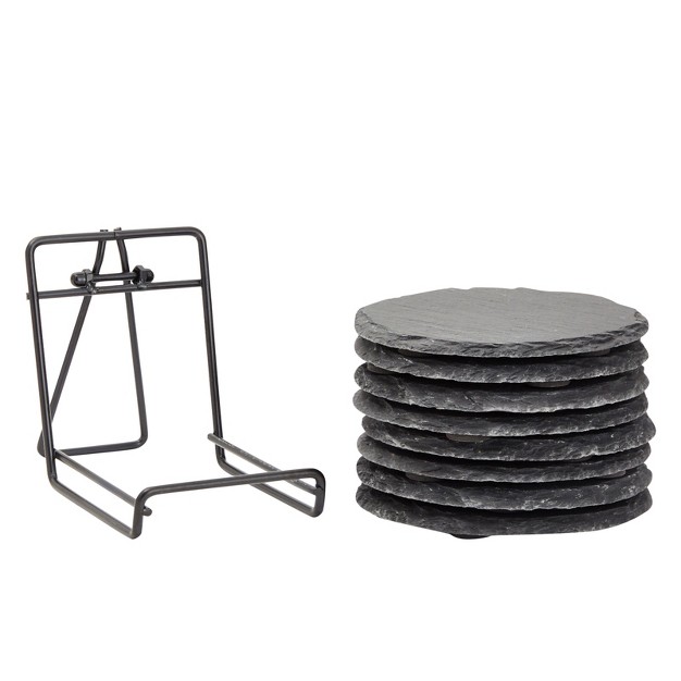 Juvale 8 Pack Slate Stone Drink Coaster Set With Holder For Kitchen Bar amp Home Decor Round Black 3 8 In