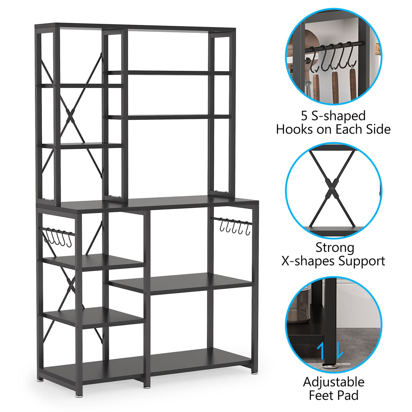 Tribesigns Kitchen Bakers Rack with Hutch， Black Microwave Oven Stand Industrial Storage Shelf