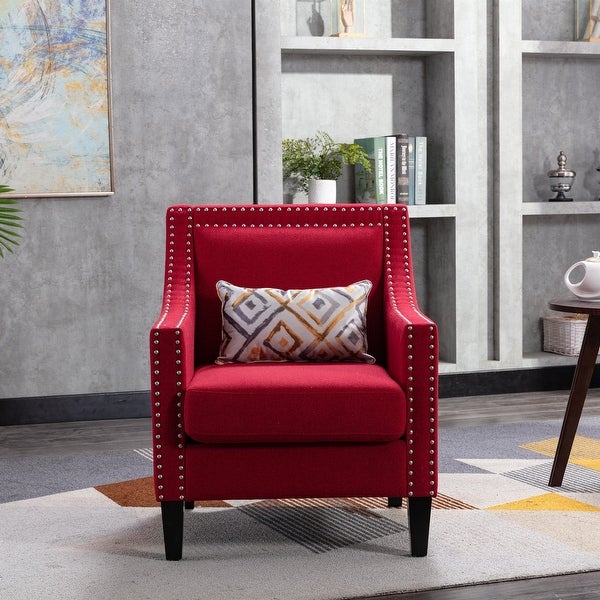 Linen Accent Armchair Living Room With Nailheads And Solid Wood Legs