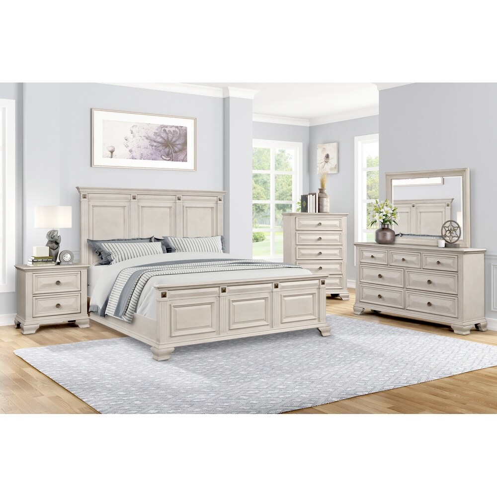 Roundhill Furniture Renova Distressed Parchment Wood Bedroom Set with Panel Bed  Dresser  Mirror  Nightstand  Chest