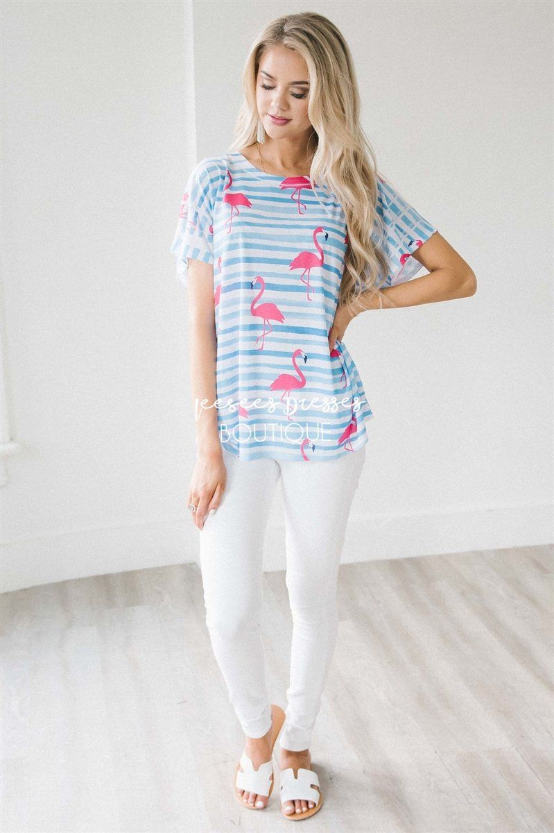 Flamingo Print Striped Top