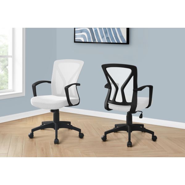 Office Chair， Adjustable Height， Swivel， Ergonomic， Armrests， Computer Desk， Work， White Mesh， Black Metal， Contemporary， Modern