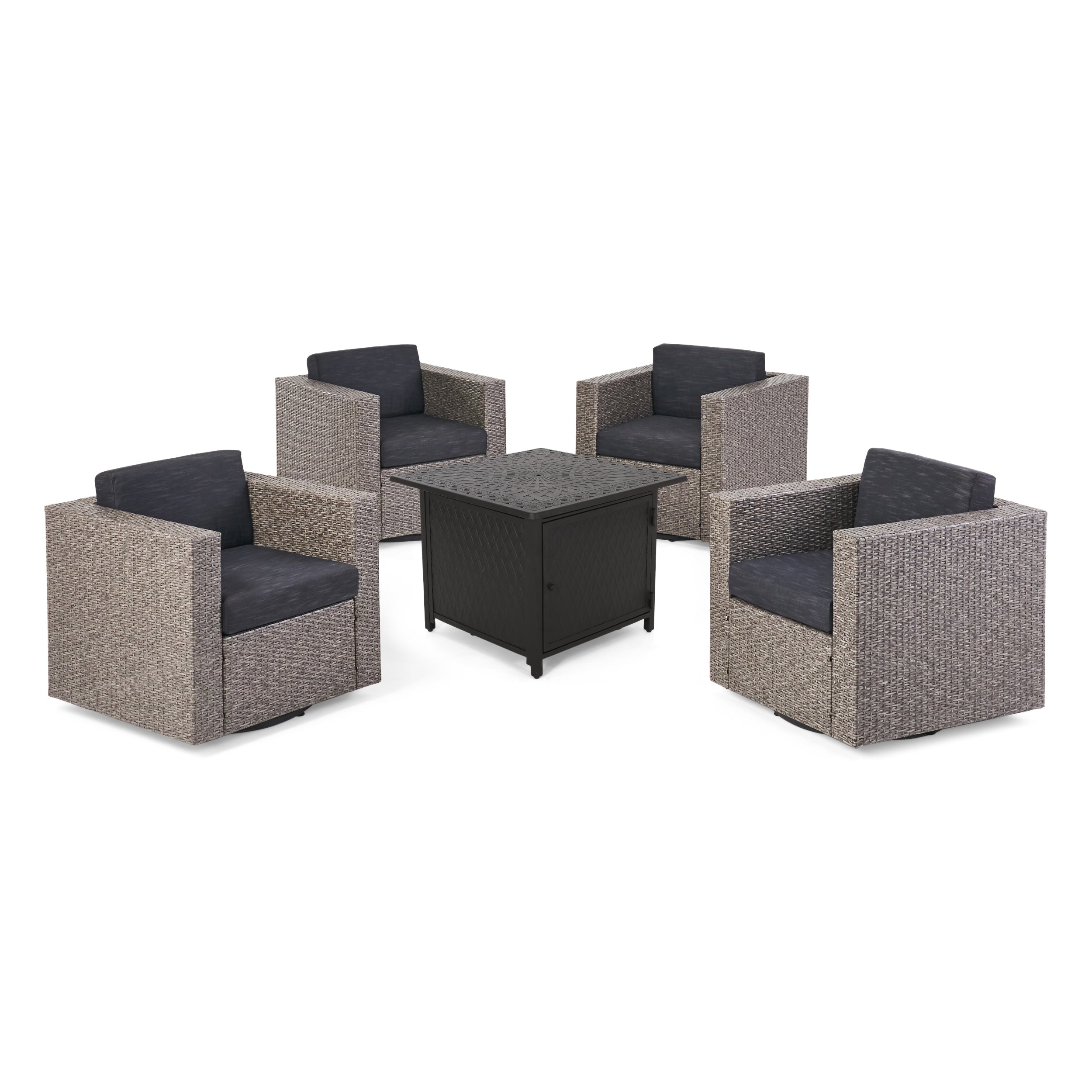 Calella Outdoor 4 Seater Wicker Swivel Chair and Fire Pit Set