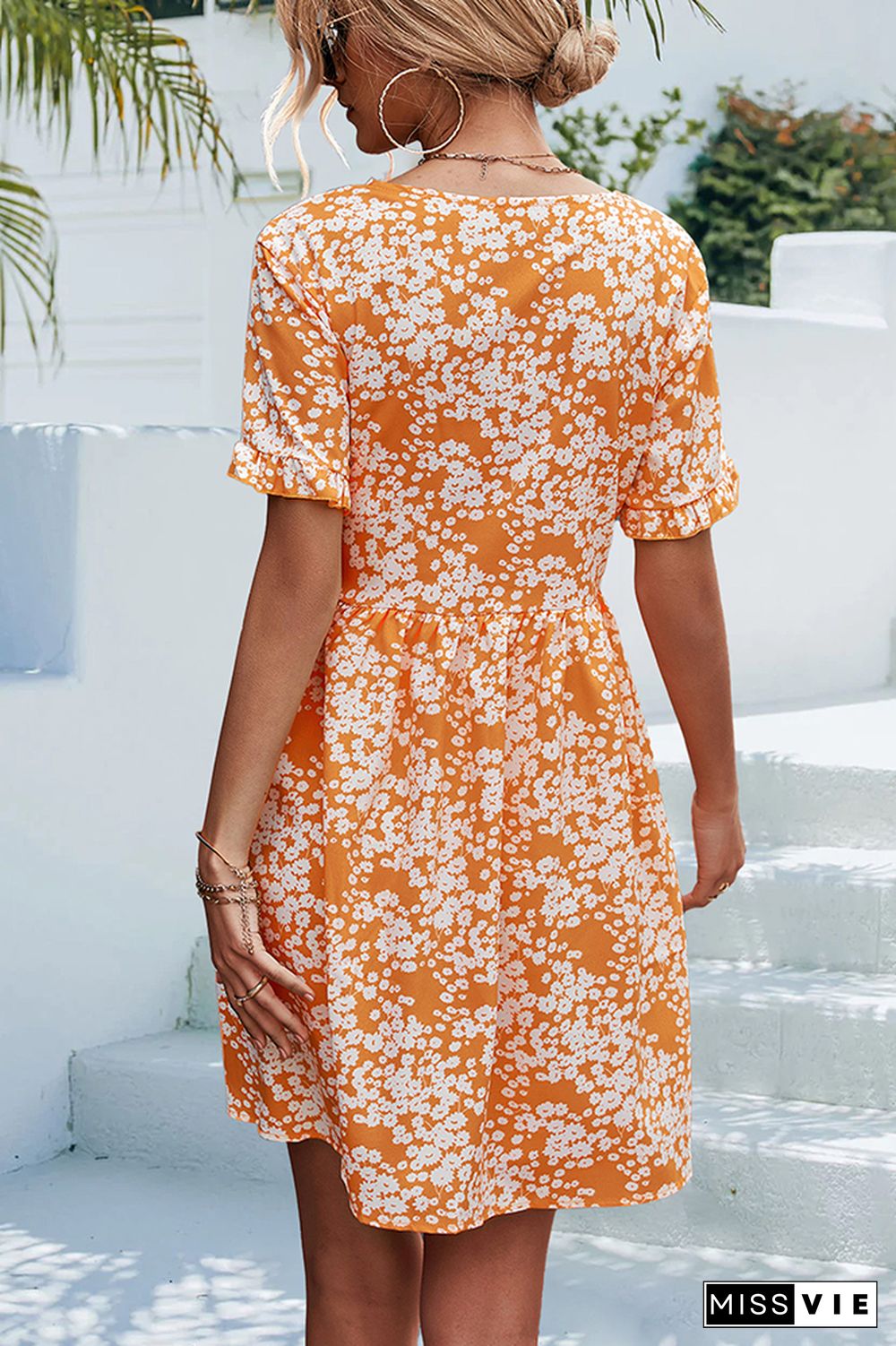 Orange Floral V Neck Button Pockets Dress