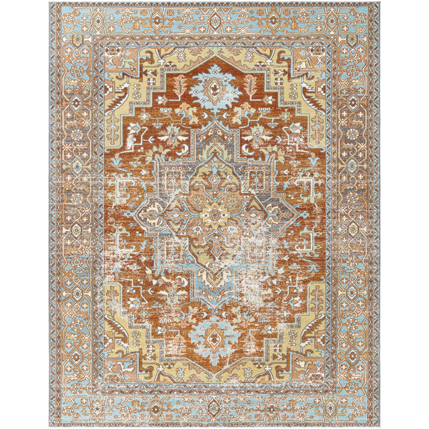 Bodrum Indoor/Outdoor Rug in Ivory, Burnt Orange, Saffron, Silver Gray, Medium Gray, Aqua, Camel, Pale Blue