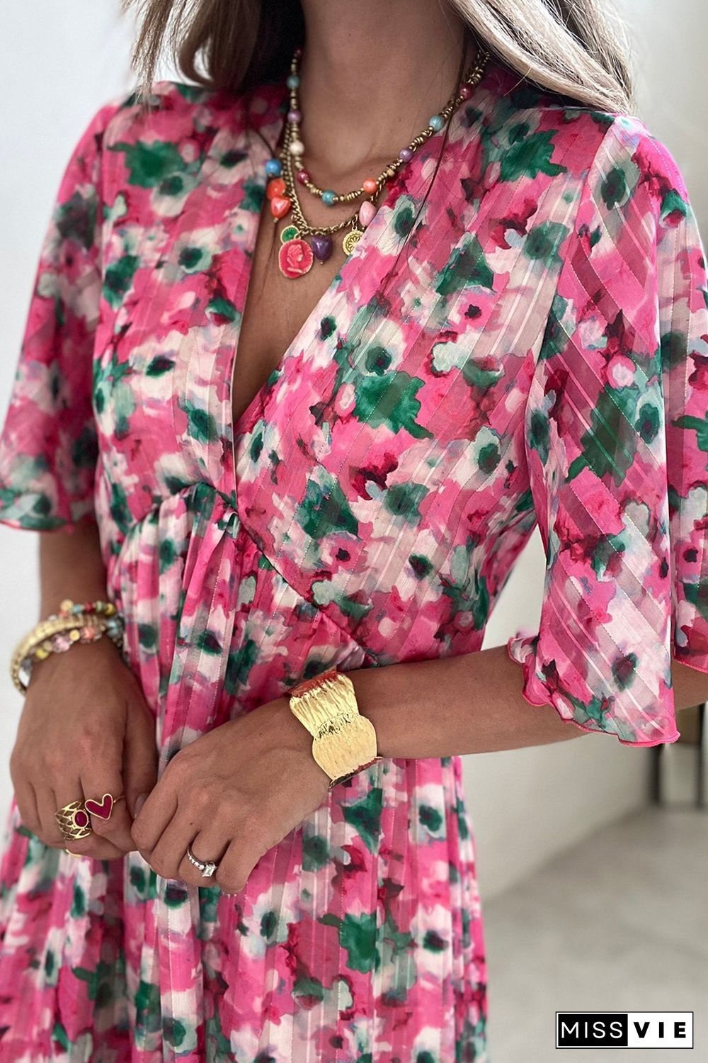 Pink Wide Sleeves Floral Print Maxi Dress