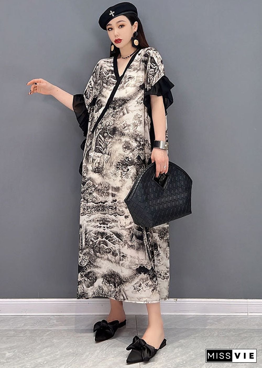 White Print Chiffon Party Dress V Neck Ruffled Butterfly Sleeve