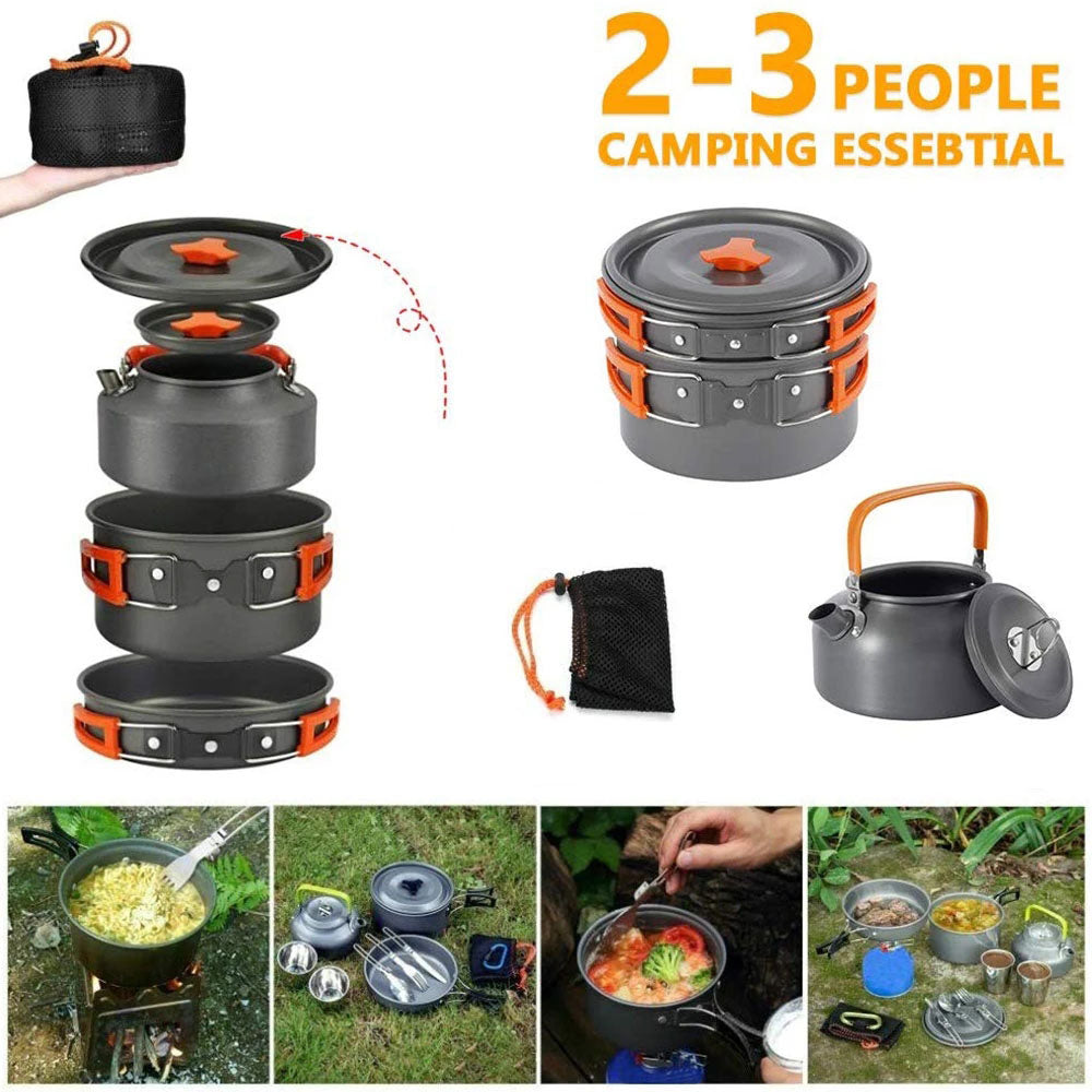 Camping Cookware Set,9Pcs 1-2 Person Campfire Kettle Outdoor Cooking Mess Kit Pots Pan for Backpacking Hiking Picnic Fishing with Spork Knife Spoon,Gray