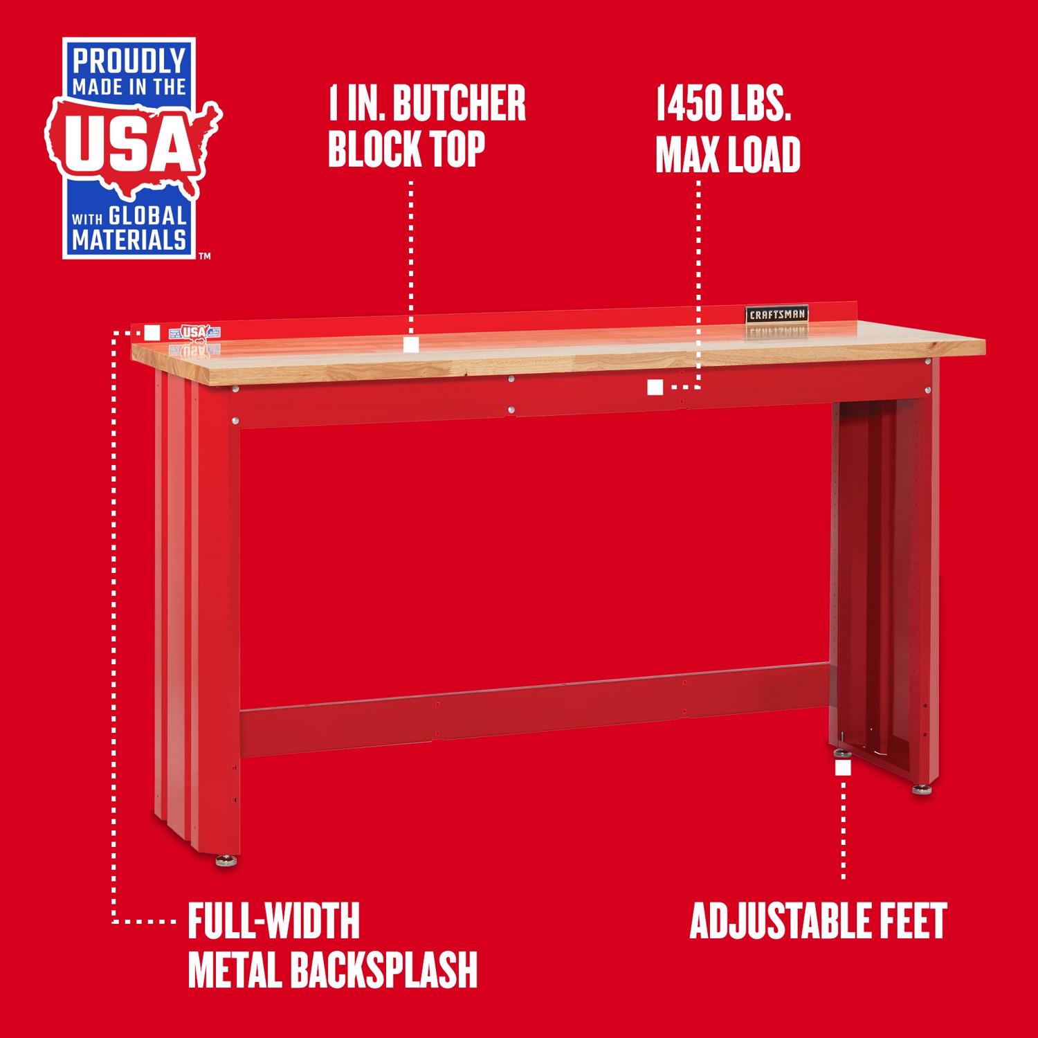 Craftsman 24 in. L X 6 ft. W X 41.25 in. H Workbench with Butcher Block Top 1450 lb. cap.