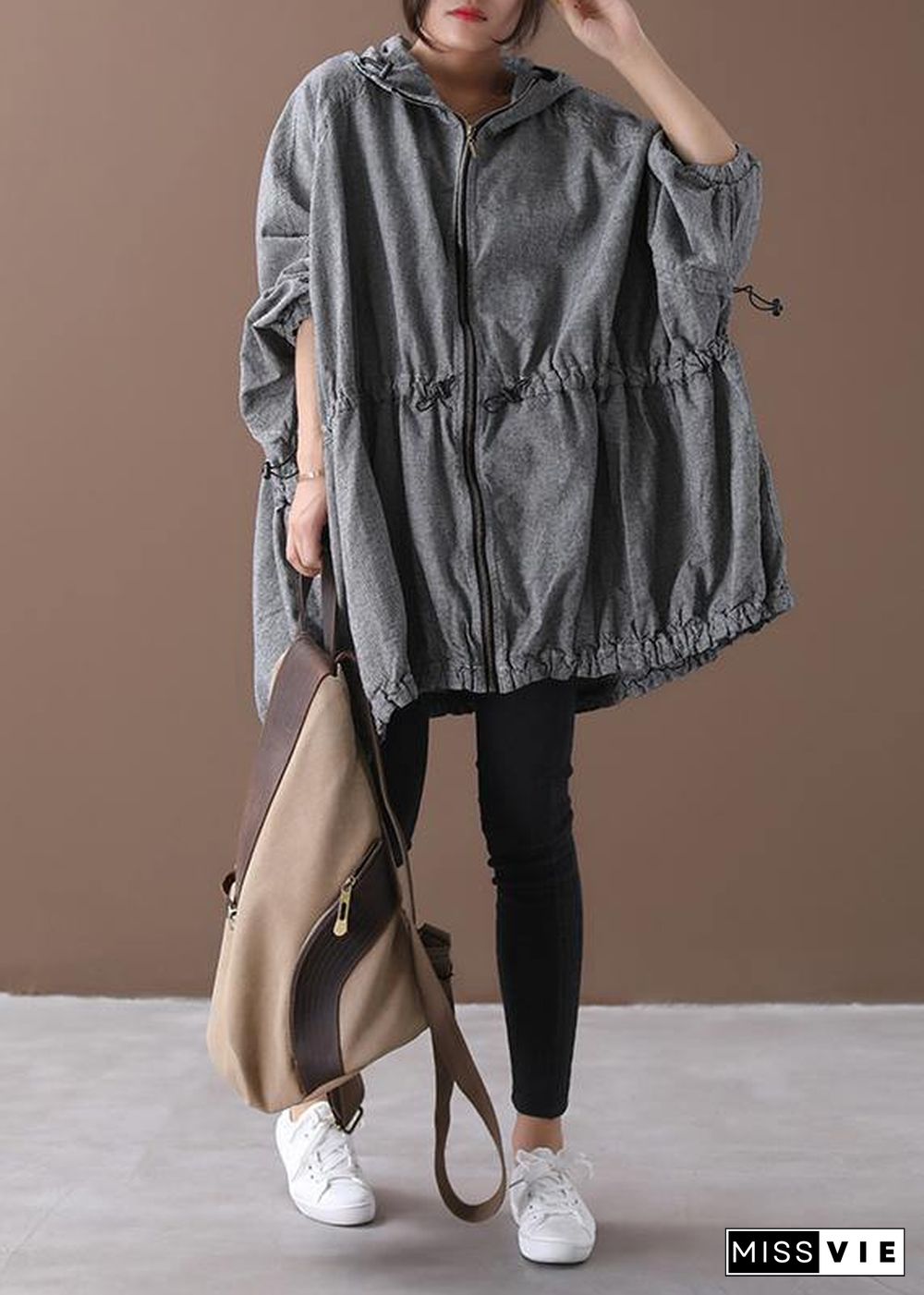 Handmade gray plaid Fashion coat Inspiration hooded drawstring coats