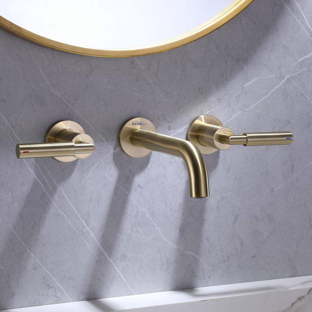 IHOMEadore Double Handle Wall Mounted Bathroom Faucet in Brushed Gold JK-RWBF60007GB