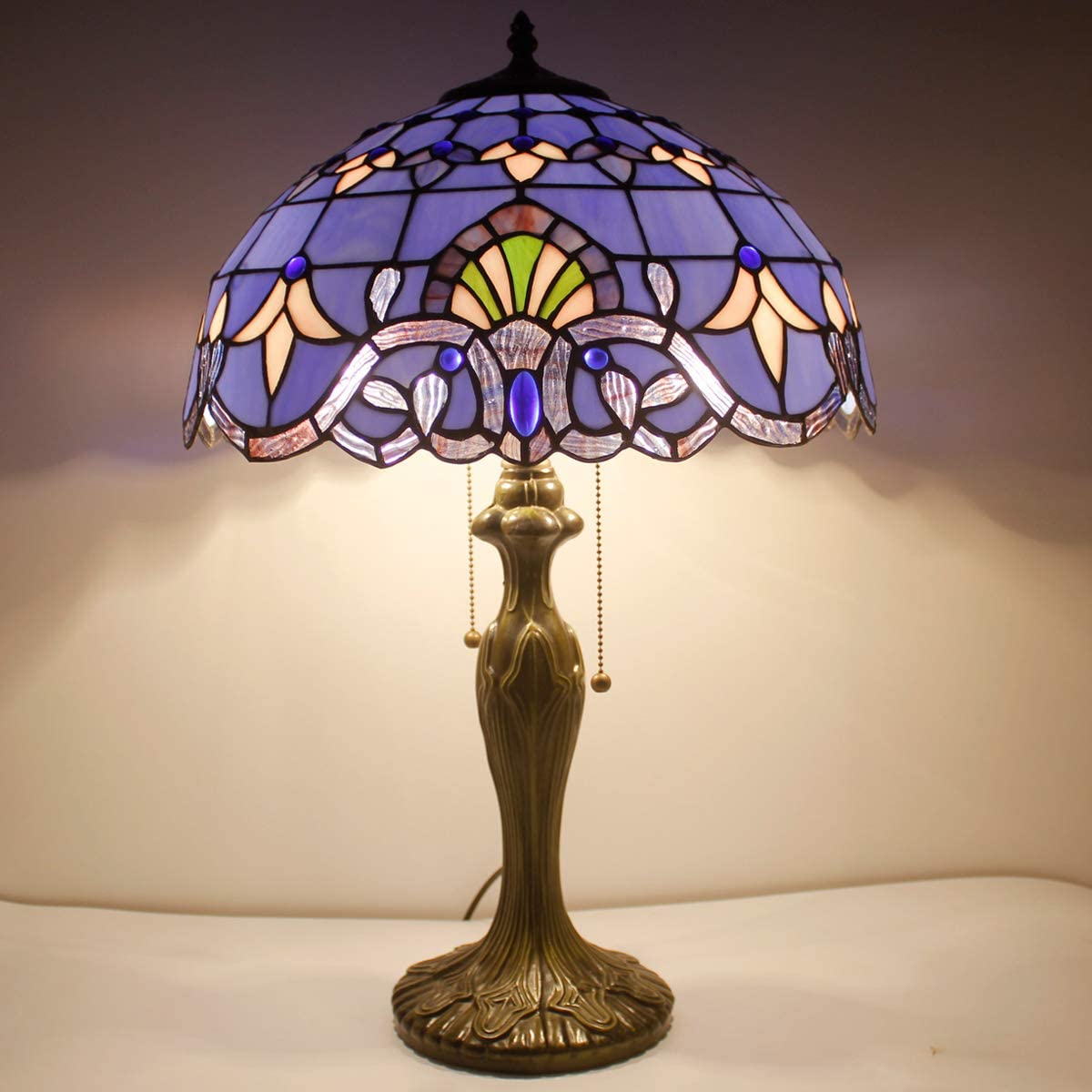 GEDUBIUBOO  Lamp Blue Purple Stained Glass Baroque Table Lamp Lavender Style Bedside Desk Light Metal Base 16X16X24 Inches Decor Bedroom Living Room  Office S003C Series