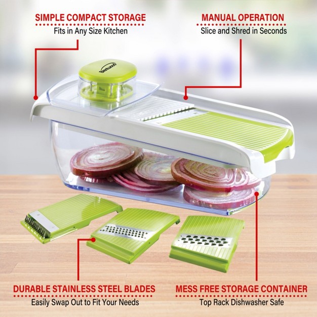 Brentwood Mandollin Slicer With 5 Cup Storage Container And 4 Interchangeable Stainless Steel Blades In Green