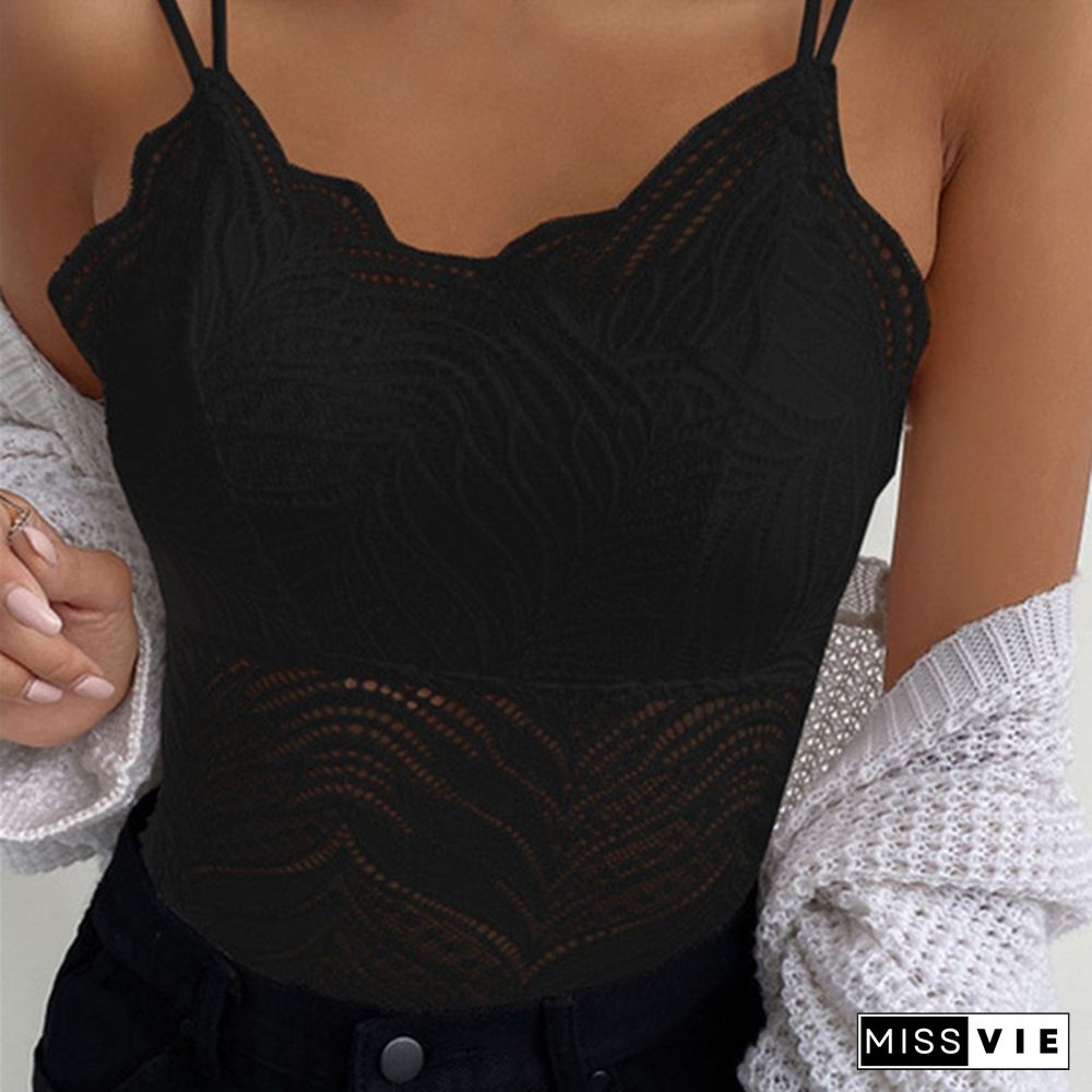 New Arrival Summer Fashion Women's Sexy V-Neck Spaghetti Strips Sleeveless Lace Vest Tops Solid Color Slim Fit Tank Top Plus Size