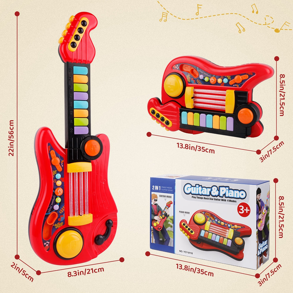 Zmoon Kids Electric Guitar Toy for Boys Girls， 2 in 1 Electric Toy Guitar Piano with Music and Light Musical Instrument Toys for Toddler 2 3 4 5 6 Years Old Gift， Red