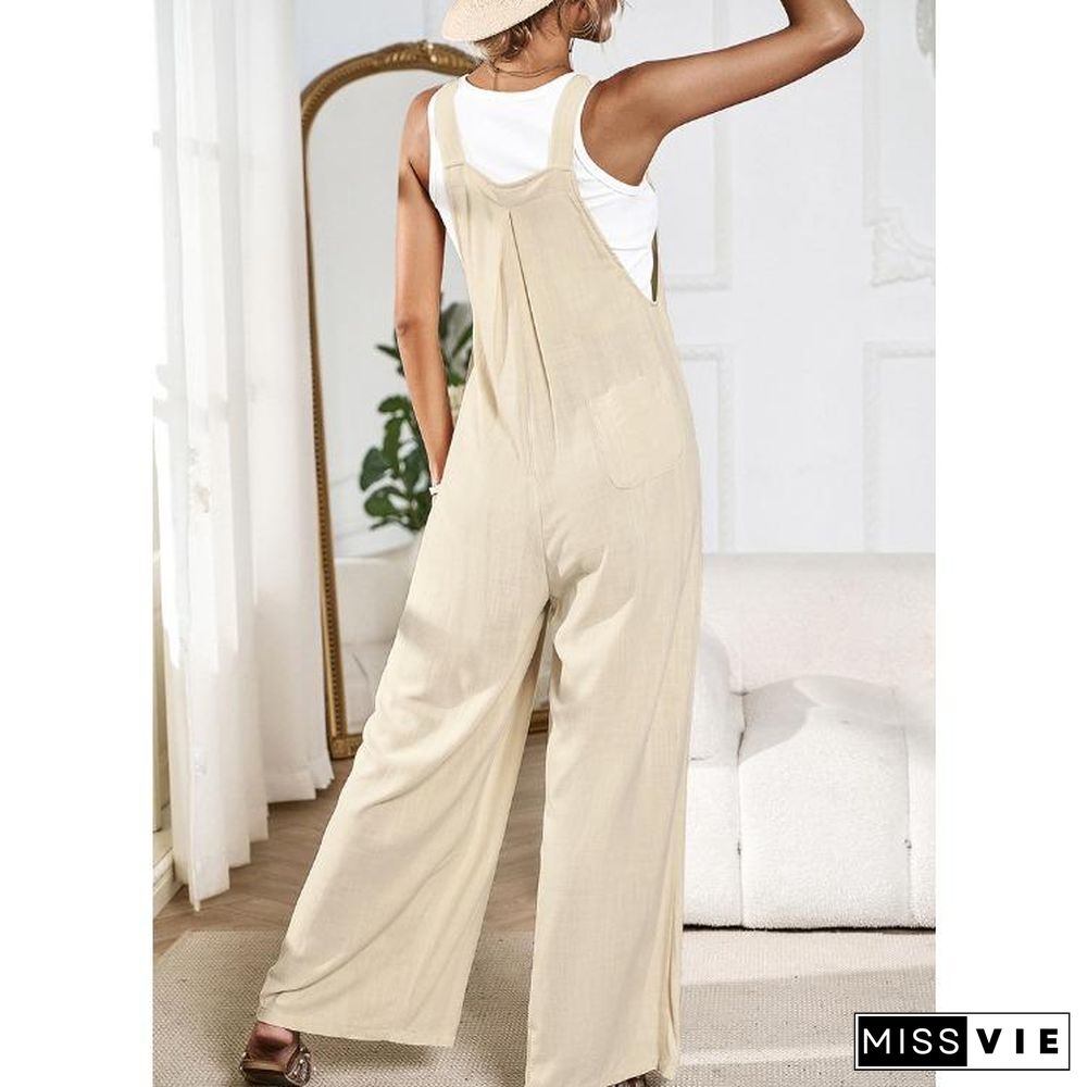 Khaki Plain Sleeveless Jumpsuit